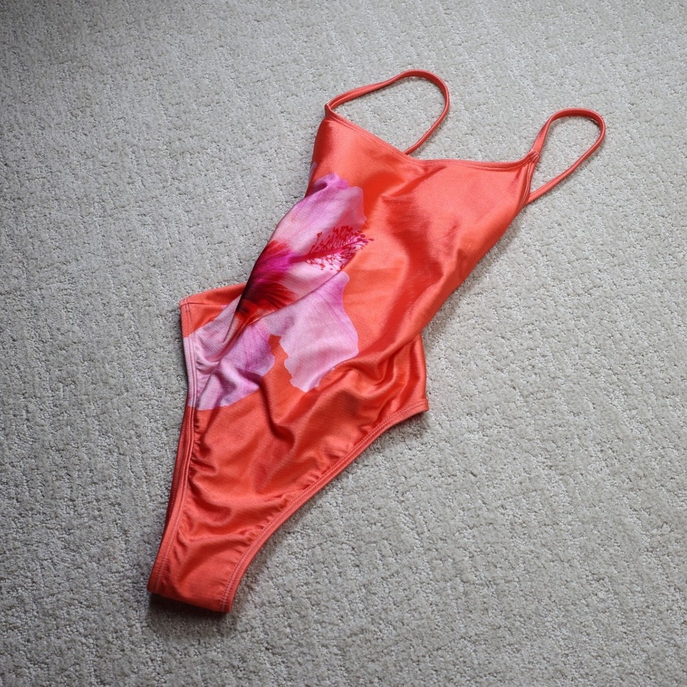 Wild Fable Orange Hibiscus High Leg Cheeky One Piece Swimsuit S 238-15-1728
